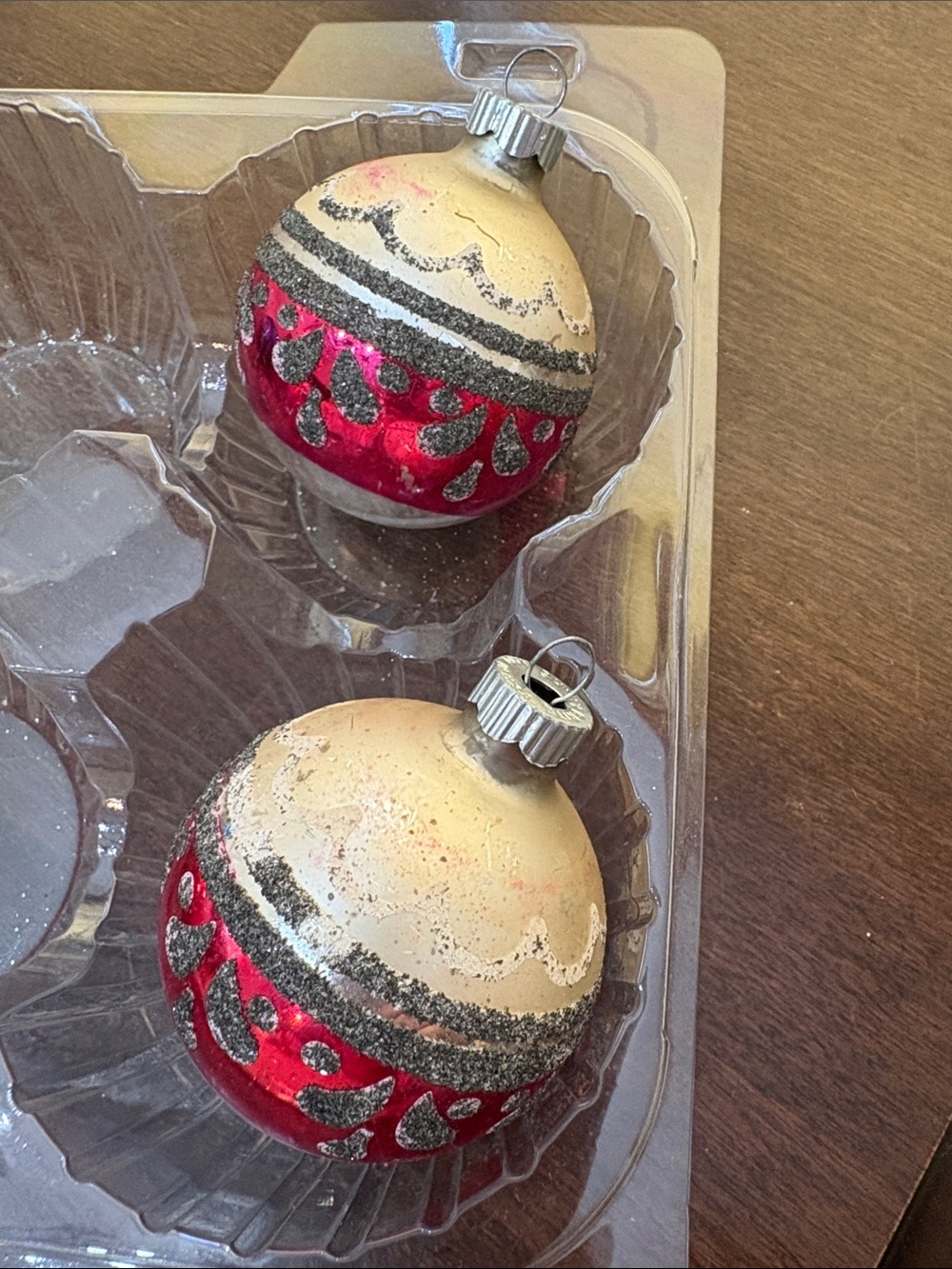 2 Vintage Shiny Brite Pink with Black Mica Ornaments